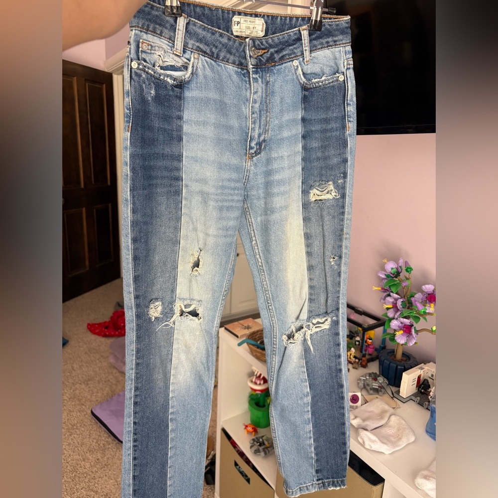 Free People Two-Tone Distressed Straight-Leg Jeans